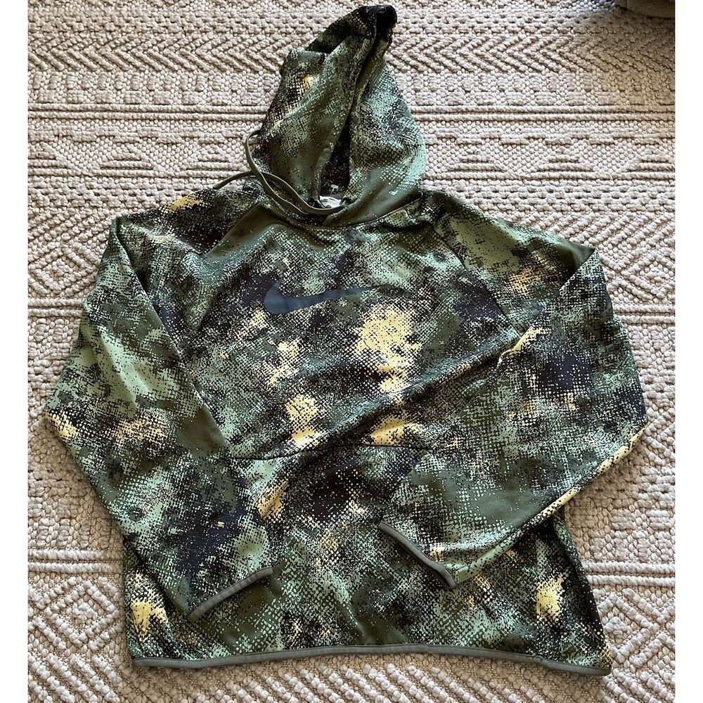 Nike THERMA-FIT Hoodie Green Camo All Over Print Mens Large Hex